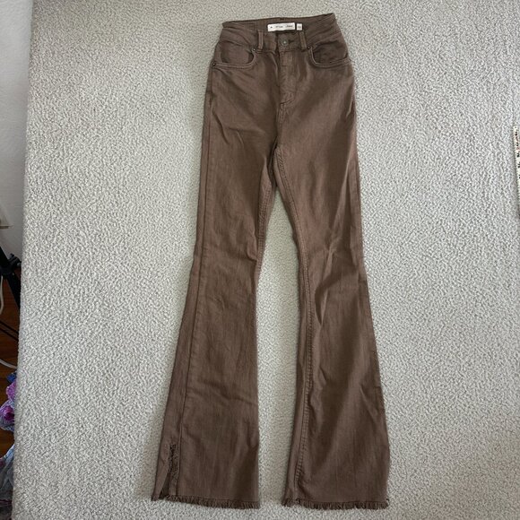 Subdued Soft Flare Jeans Womens High Rise Smile Brown Raw Hems Stretch - Picture 16 of 16